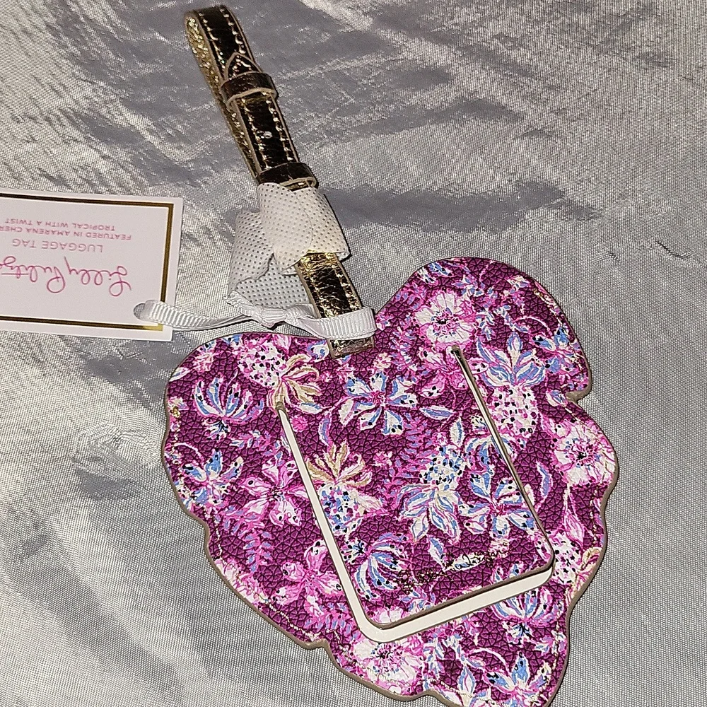 Lilly Pulitzer Gold & Pink Tropical Leaf Luggage Tag Bnwt Ls